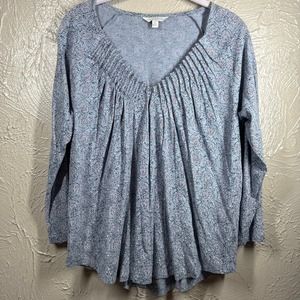 Lucky Brand Blue‎ Long Sleeve Pleated V Neck Cotton Modal Floral Boho Top Size S